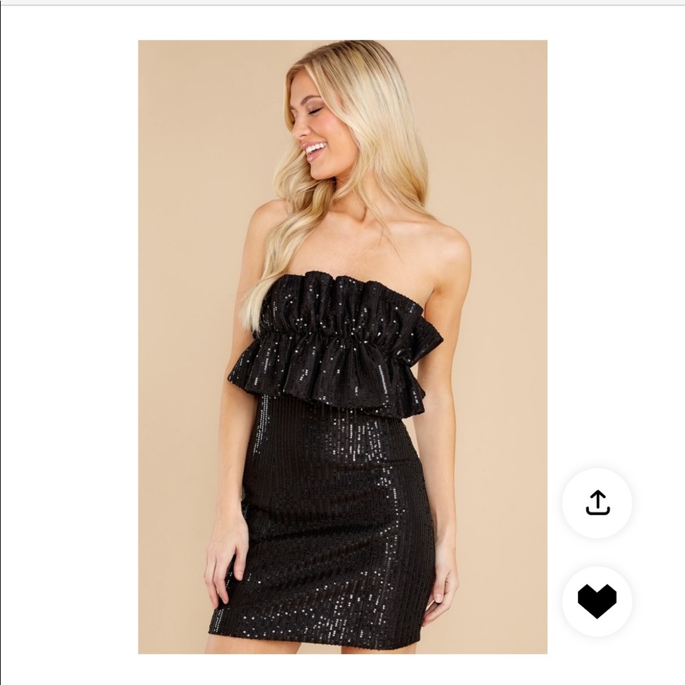 Red Dress Black Sequin Ruffle Strapless Mini Dress